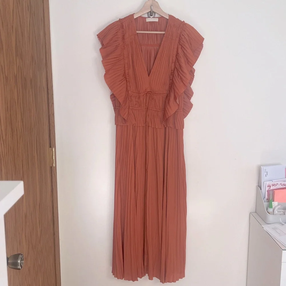 Ulla Johnson Letty Pleated Ruffe Satin Midi Dress - Picture 2 of 12